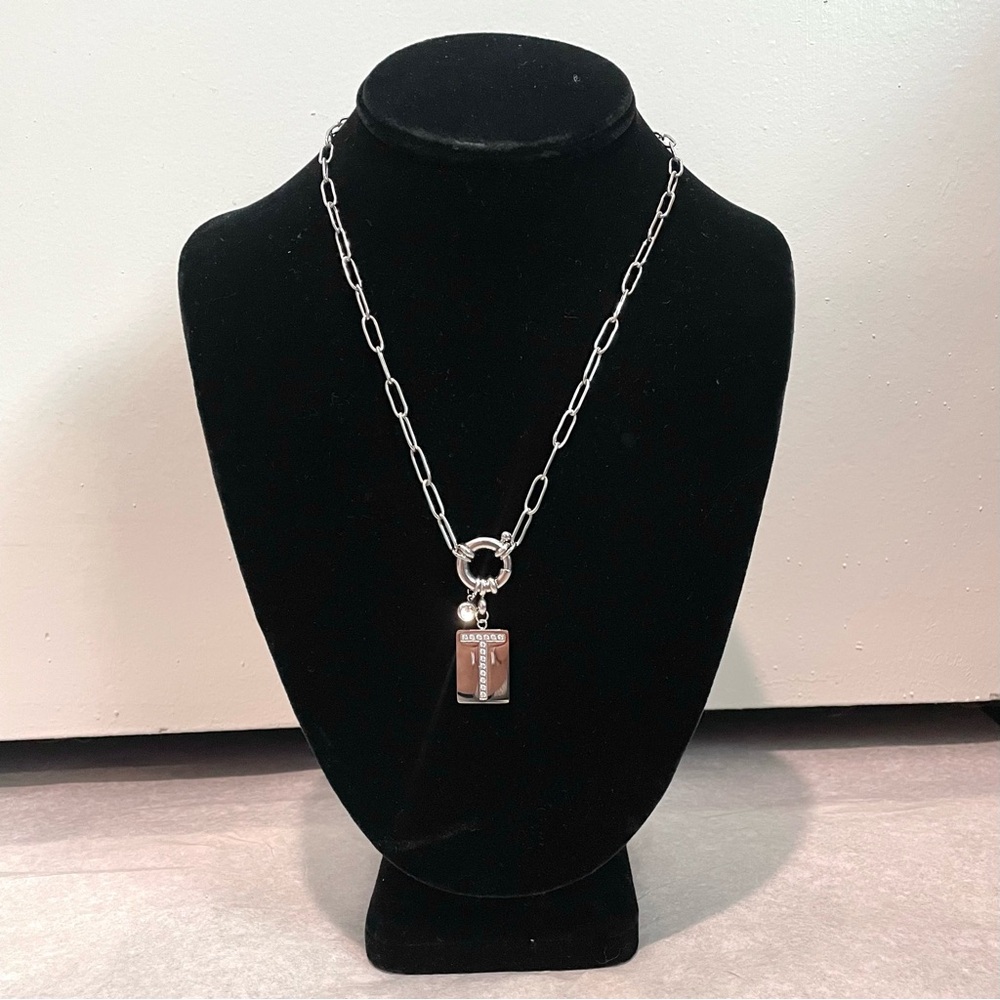 Mint & Lily Silver Pave T Initial Pendant Necklace with Paperclip Chain.